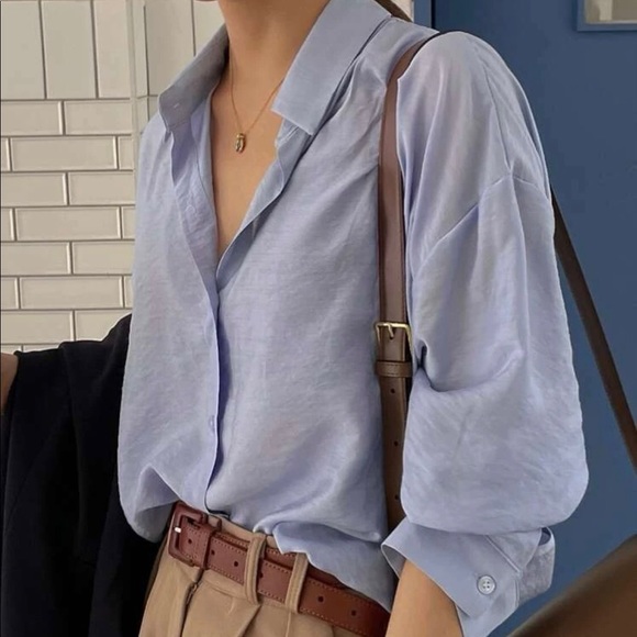 Blouse shirt blue light office casual button collar long sleeve top - Picture 2 of 7